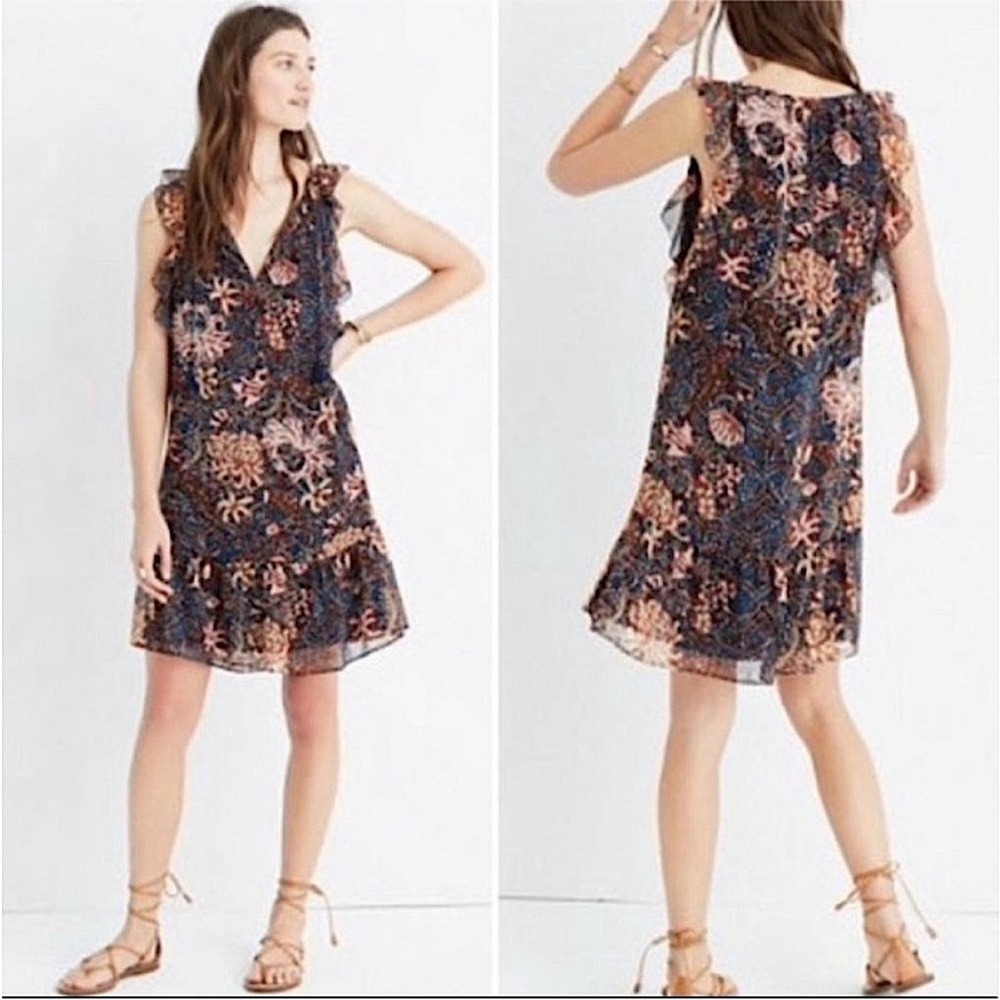 Madewell | Women’s Navy Blue/Brown/Multi Floral Lily Ruffle Lined Mini Dress, S